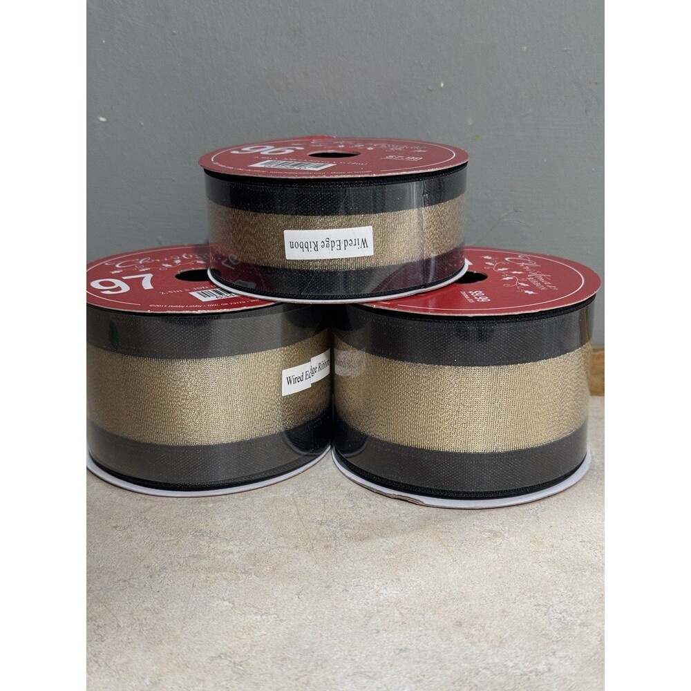 NEW 3 jumbo rolls wired edge ribbon 2.5" x 60” gold metallic sheer Black Lot 3